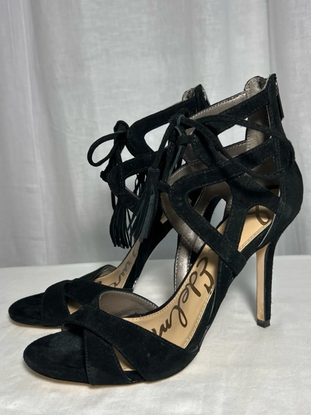 Sam Edelman | Black Suede Lace-Up | High Heel Sandals | Tassel | Size 8